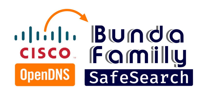 OpenDNS Family Shield logo with arrow pointing to Bunda Family Safe Search logos