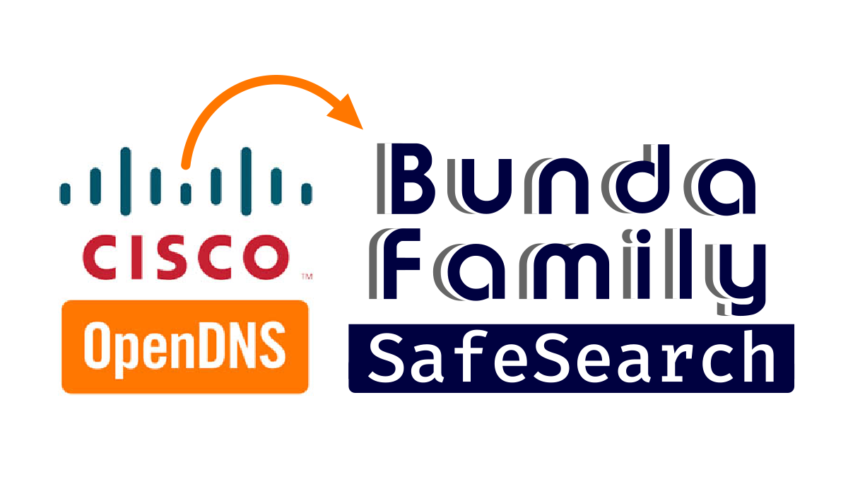 OpenDNS Family Shield logo with arrow pointing to Bunda Family Safe Search logos