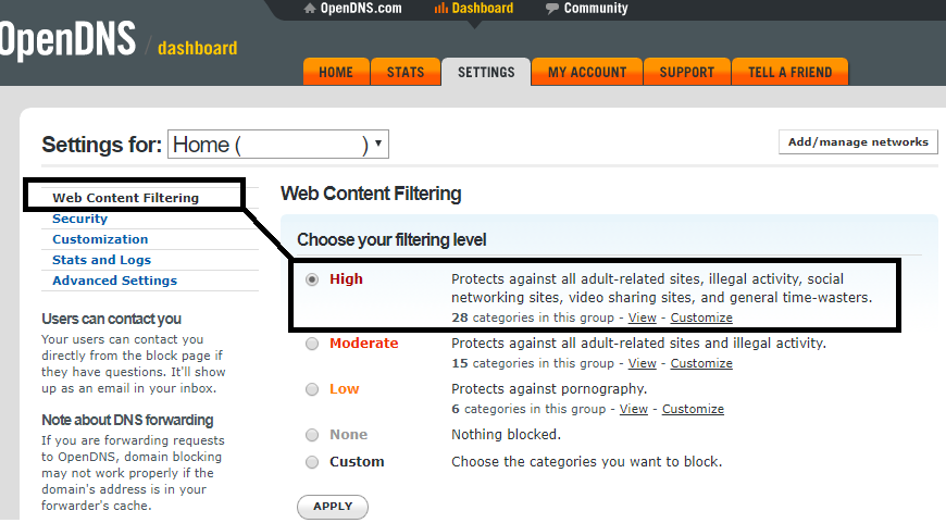 OpenDNS content filtering settings