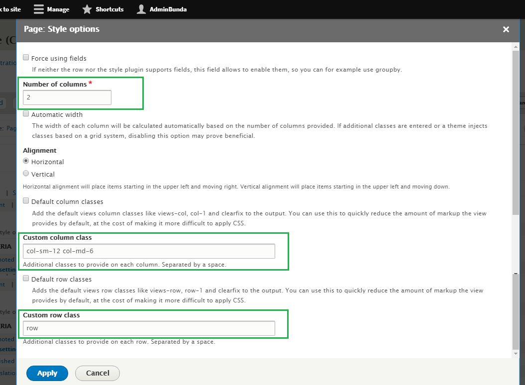 Drupal Admin Custom View grid settings