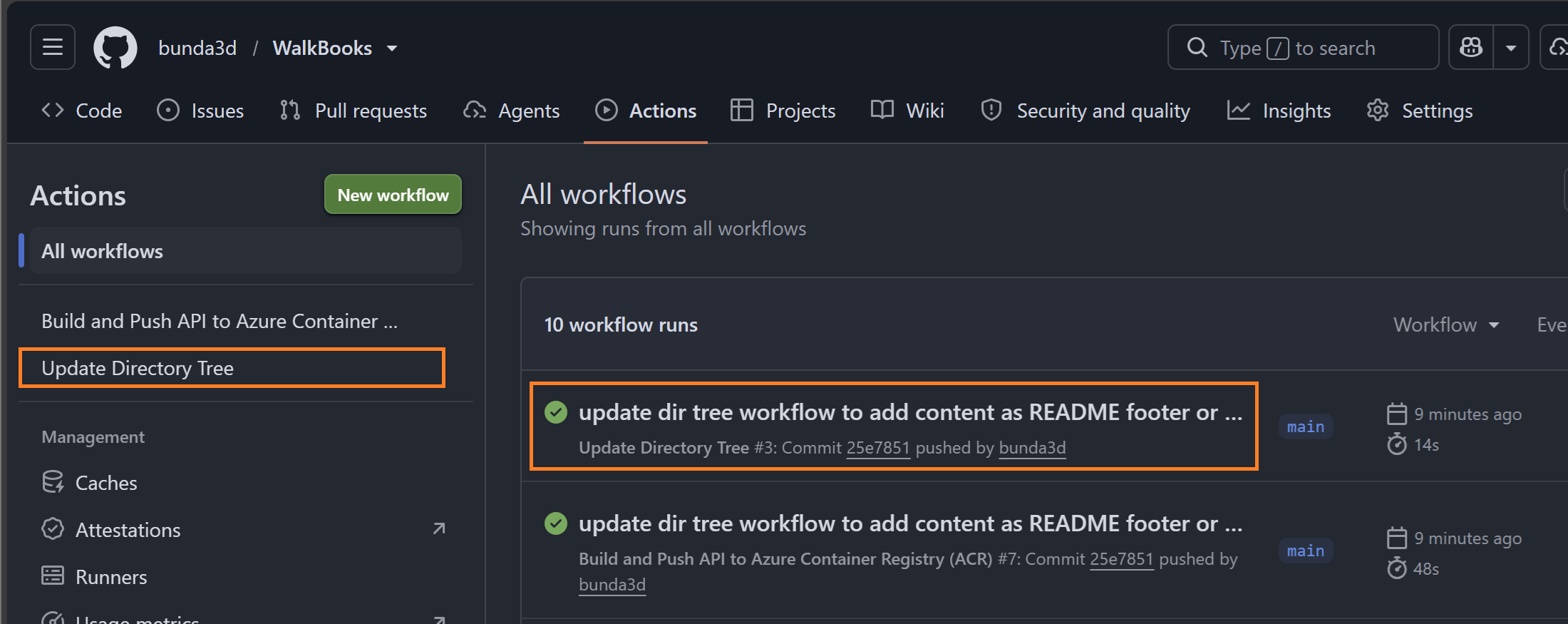 GitHub Actions workflows - CI/CD and Update Directory Tree jobs run on commit push