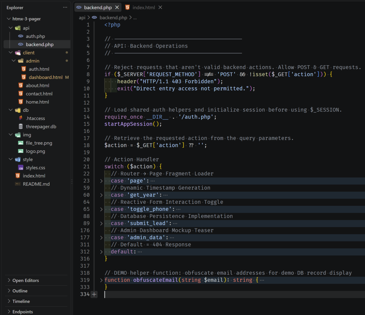Screenshot of backend.php file, focused on a switch statement that accepts $action parameters