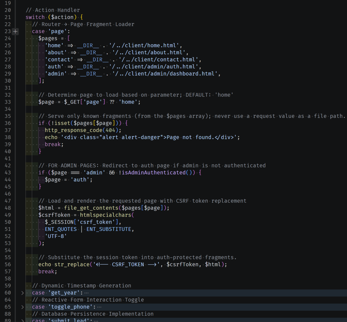Screenshot of backend.php file, focused on a switch function case statement handling "page" $action parameters.