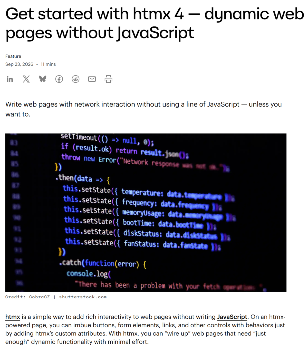 Screenshot of an InfoWorld article about using JavaScript library "htmx" to create dynamic web pages.
