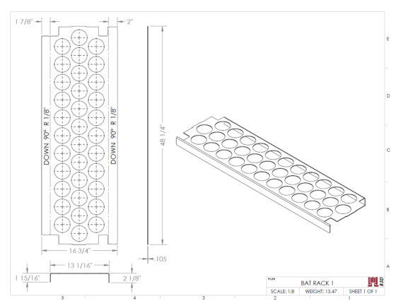 Little league dugout bat rack and batter helmet shelving stand - basic dimensioned sheet metal bend print