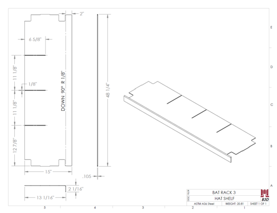 Little league dugout bat rack and batter helmet shelving stand - basic dimensioned sheet metal bend print