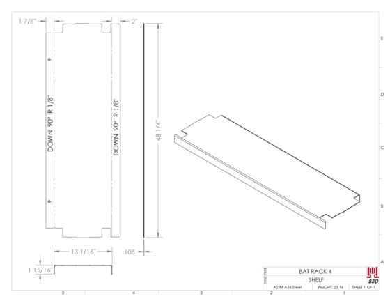 Little league dugout bat rack and batter helmet shelving stand - basic dimensioned sheet metal bend print