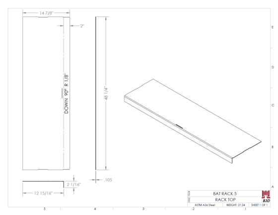 Little league dugout bat rack and batter helmet shelving stand - basic dimensioned sheet metal bend print