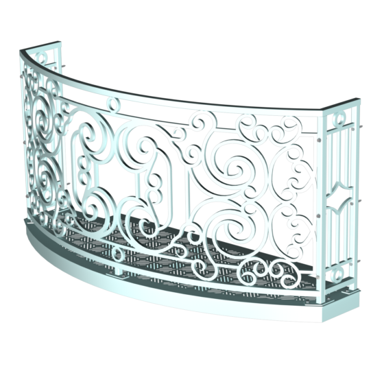 Balcony Render 5 - Curved Wrought Iron Look with Grate Deck - Light Blue, White Background, Hardware