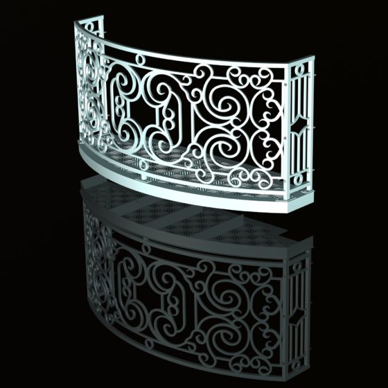 Balcony Render 6 - Curved Wrought Iron Look with Grate Deck - Pitch Black background, Reflection, Hardware