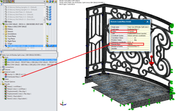 Curved Balcony SolidWorks Simulation External Loads - Distributed Mass 1 - Split Lines Mesh