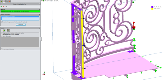 Contact Visualization Plot: This is how it's supposed to look, the solver thinks the rail pushes against the house (Yellow = Virtual Wall), and all other interfaces are bolt-together, not welded/bonded (Purple = No Penetration). There is no red (Red = Bonded) because all welded parts are already incorporated into the bodies.