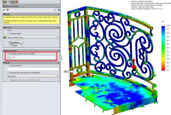 Step one: I chose Max Von Mises Stress since it's steel. I came back later and changed the upper limit for FOS from 3 to 100 to create more visual demonstration and resolution in the plot. (2.6 was called out for Min, and an upper limit of 3 therefore looked pretty blue all over.)