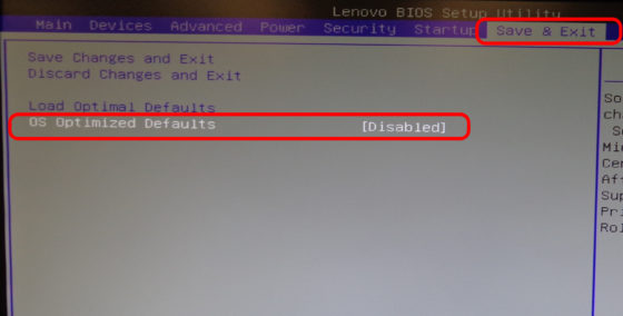 Lenovo BIOS - Save & Exit Tab - OS Optimized Defaults Submenu - Disabled