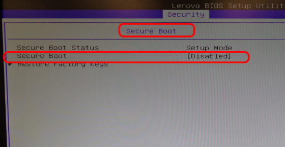 Lenovo BIOS - Security Tab - Secure Boot Sub Menu - Secure Boot Disabled