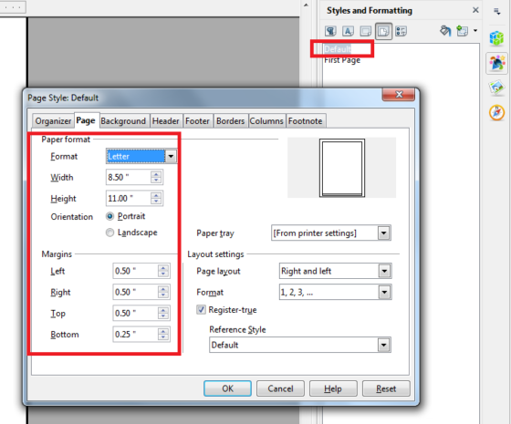 OO Writer - Page Style - Default 1 - Margins