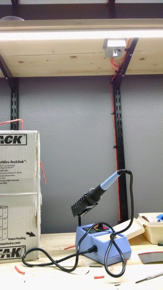 Pic of kids shelf bracket desk with LED dimmer switch & wires with clips