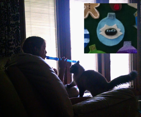 Calendar Cat Ornament - Sky Kitty is Pied Piper Cat (She loves flute and recorder music)
