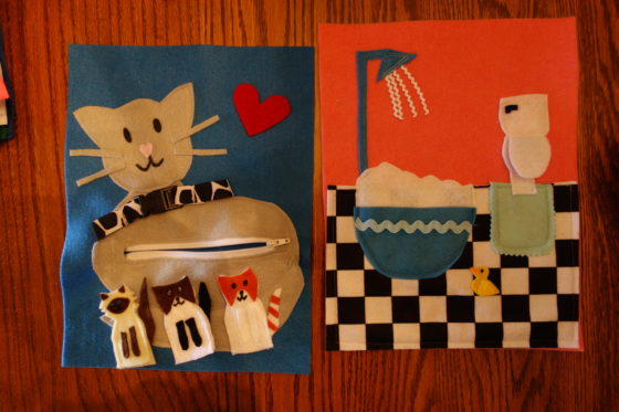 Cloth "Quiet Book" Pages, from Holly's latest hand-made children's activity books - Mamma and kittens splish splash and go potty