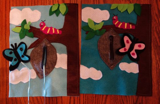 Cloth "Quiet Book" Pages, from Holly's latest hand-made children's activity books - Caterpillar eats leaves makes chrysalis turns to butterfly