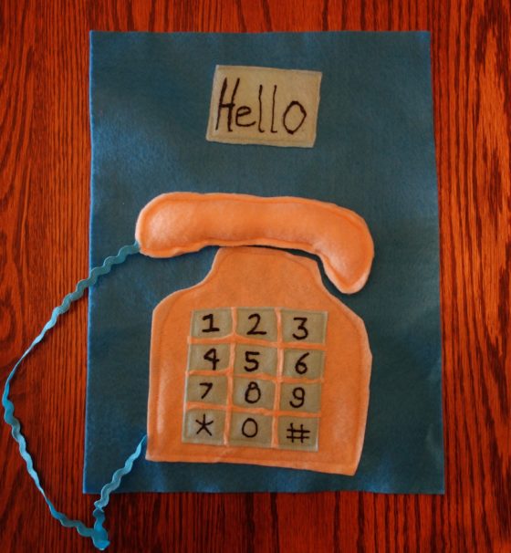 Cloth "Quiet Book" Pages, from Holly's latest hand-made children's activity books - Telephone page: Learn Mommy's Phone Number