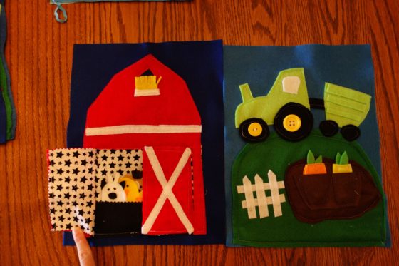 Cloth "Quiet Book" Pages, from Holly's latest hand-made children's activity books - Let's talk about what these animals are and where food comes from