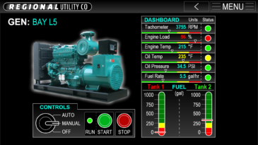 GENERATORS GUI Screen from imaginary utility company's diesel generator controls and feedback UI Design prototype, made in Adobe XD by Kris Bunda