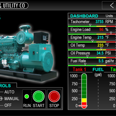 GENERATORS GUI Screen from imaginary utility company's diesel generator controls and feedback UI Design prototype, made in Adobe XD by Kris Bunda